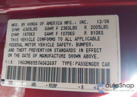 2007 Honda Accord 3.0 Ex из США, поврежденный, VIN 1HGCM66557A042497